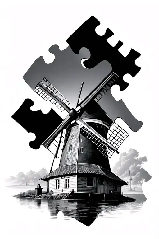 jigsaw puzzle piece and Dutch windmill  tattoo design idea