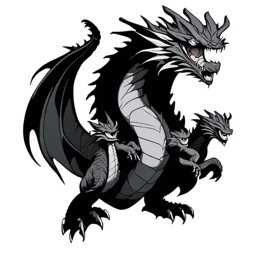 Adult dragon, with his tail around three wyrmlings protectively tattoo design idea