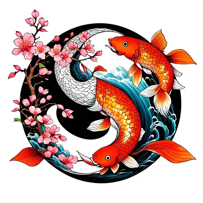 cherry blossom tree, snake, yin yang koi fishes, waterfall tattoo design idea