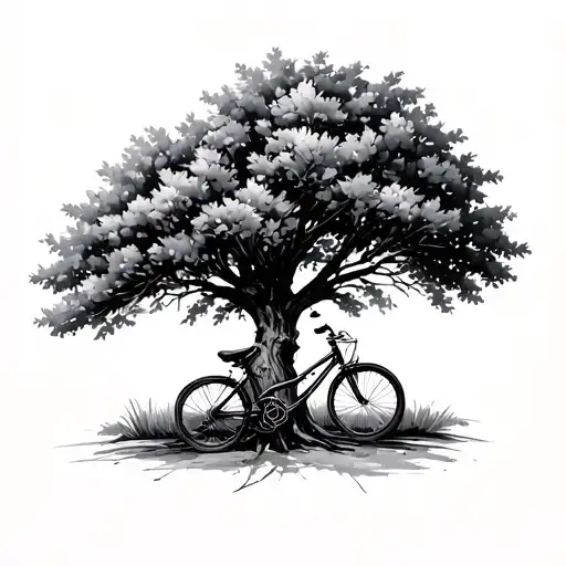acacia tree with torah in the trunk, bicycle next to it tattoo design idea
