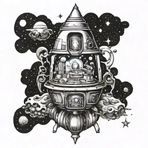 Galactic pharmacy: A futuristic space capsule surrounded by swirling galaxies and stars tattoo design idea