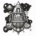 Galactic pharmacy: A futuristic space capsule surrounded by swirling galaxies and stars tattoo design idea