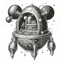 Galactic pharmacy: A futuristic space capsule surrounded by swirling galaxies and stars tattoo design idea