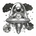 Galactic pharmacy: A futuristic space capsule surrounded by swirling galaxies and stars tattoo design idea