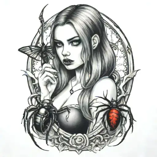 Gothic Girl holding black widow spider hanging tattoo design idea