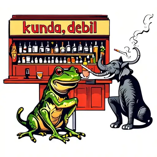 "kunda, debil" couple sitting in front of the empty bar located in Prague while frog beating up a cat, elephant smoking a cigarette tattoo design idea