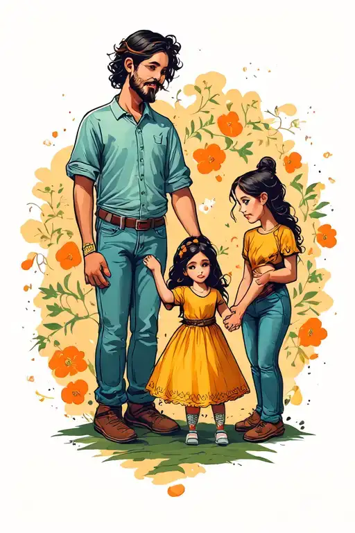a dad with 2 daughters and a son holding hands tattoo design idea