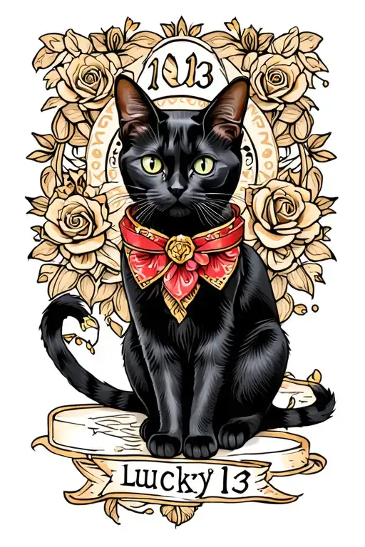 lucky 13 black cat sitting tattoo design idea