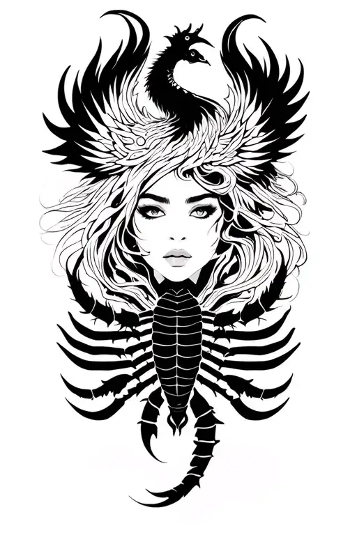 sillouette of a woman’s face serene and powerful. A scorpion shaping her chest reincarnate phoenix and dragon tribal  tattoo design idea