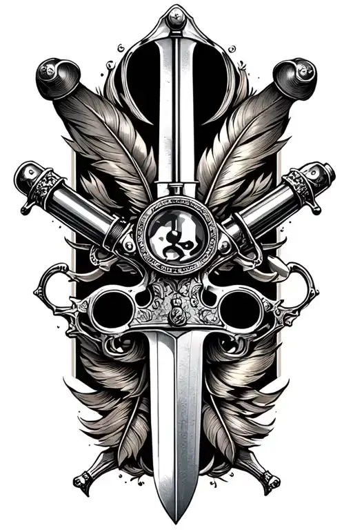 flintlock pistol crossed with cutlass sword crossed with magnifying glass crossed with quill pen tattoo design idea