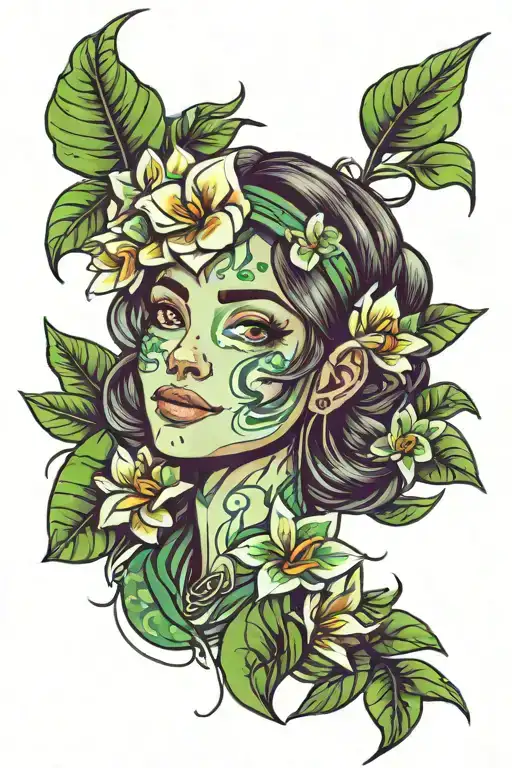 2d animated one green 👽smiling wearing gardenia and frangipani flower headband tattoo design idea