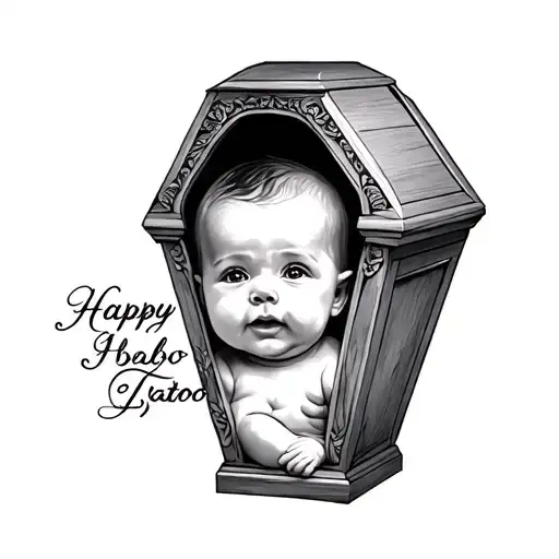 casket with happy baby tattoo design idea