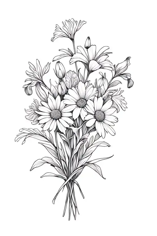 boquet with aster and iris and sweet pea flower tattoo design idea
