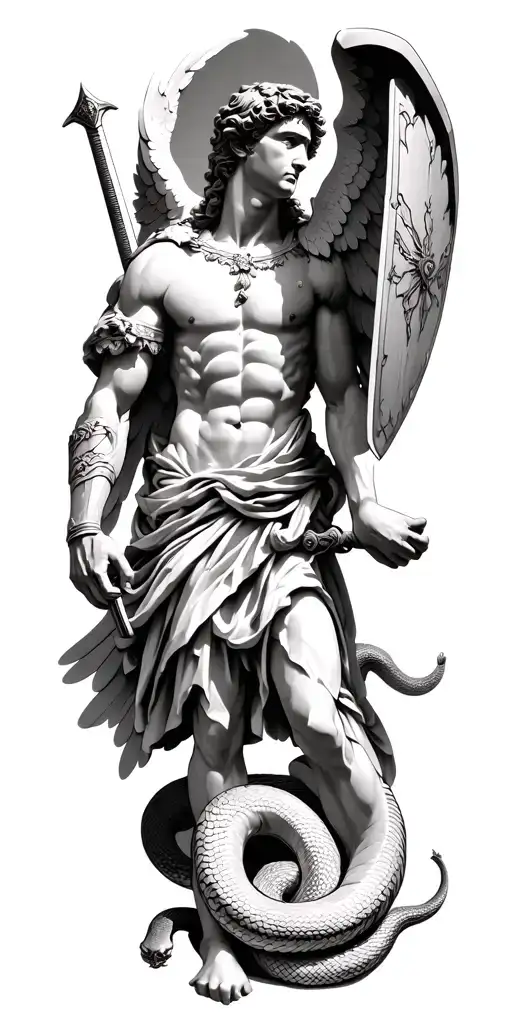 st Michael the archangel as a marble statue standing over a snake, holding traditional sword and large shield tattoo design idea