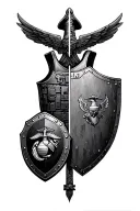 half crusader shield and half usmc flak vest tattoo design idea