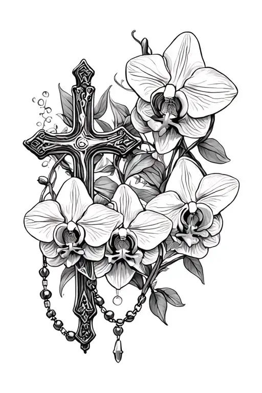 Cross, Rosary, and orchids intertwined tattoo design idea