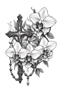 Cross, Rosary, and orchids intertwined tattoo design idea