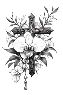 Cross, Rosary, and orchids intertwined tattoo design idea