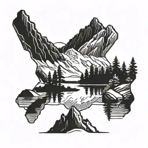 A blackwork tattoo of a serene mountain lake reflecting the surrounding peaks, with a hiker's silhouette in the distance tattoo design idea