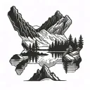 A blackwork tattoo of a serene mountain lake reflecting the surrounding peaks, with a hiker's silhouette in the distance tattoo design idea
