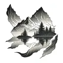 A blackwork tattoo of a serene mountain lake reflecting the surrounding peaks, with a hiker's silhouette in the distance tattoo design idea