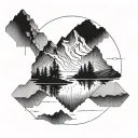 A blackwork tattoo of a serene mountain lake reflecting the surrounding peaks, with a hiker's silhouette in the distance tattoo design idea