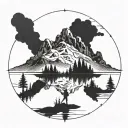 A blackwork tattoo of a serene mountain lake reflecting the surrounding peaks, with a hiker's silhouette in the distance tattoo design idea