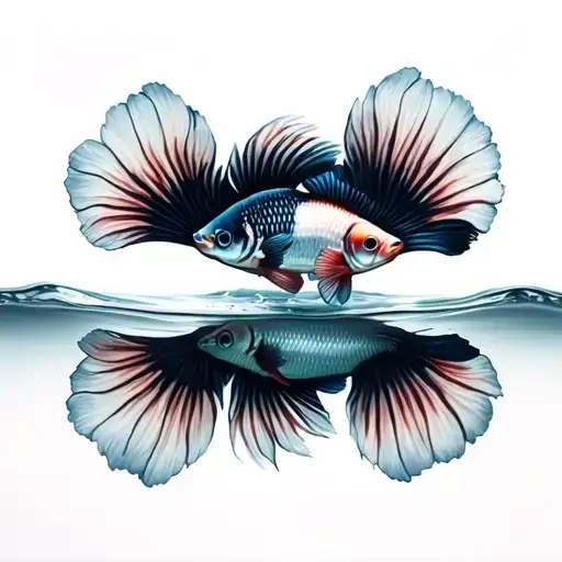 spine tatto with two betta fish swimming away from each other down water. they're black and white, white has blue eyes tattoo design idea