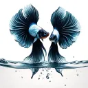 spine tatto with two betta fish swimming away from each other down water. they're black and white, white has blue eyes tattoo design idea