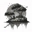 A romantic scene of two wizards stargazing on a magical floating island tattoo design idea