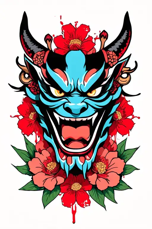 **"Neo-traditional Japanese tattoo: Oni mask + bloody sakura, 5x4cm, bold colors, clean details." tattoo design idea