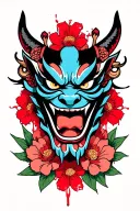 **"Neo-traditional Japanese tattoo: Oni mask + bloody sakura, 5x4cm, bold colors, clean details." tattoo design idea