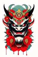 **"Neo-traditional Japanese tattoo: Oni mask + bloody sakura, 5x4cm, bold colors, clean details." tattoo design idea