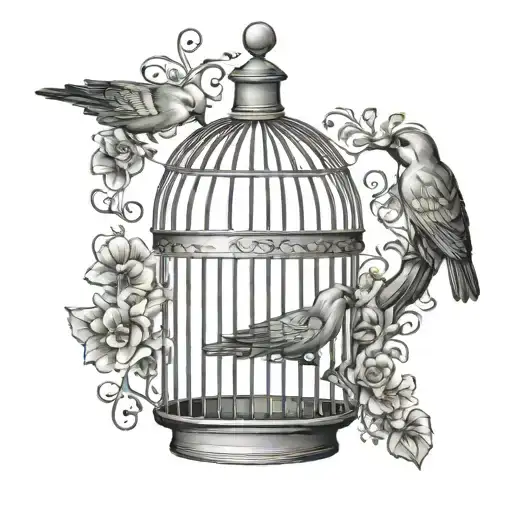 Open Birdcage with bird tattoo design idea