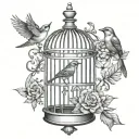 Open Birdcage with bird tattoo design idea