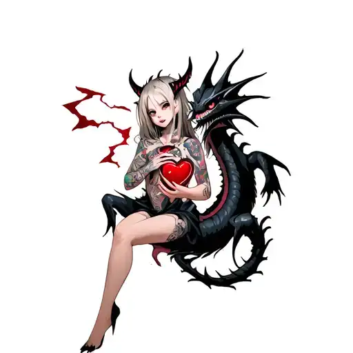 tattooed anime demon girl holding a shattered heart surrounded by a voodoo black dragon tattoo design idea