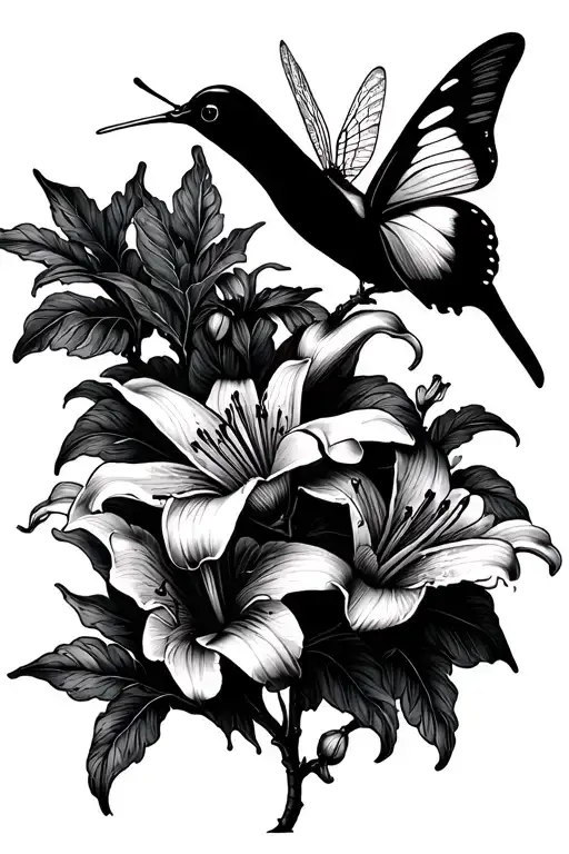 lilies on a vine, butterfly, hummingbird, dragonfly tattoo design idea