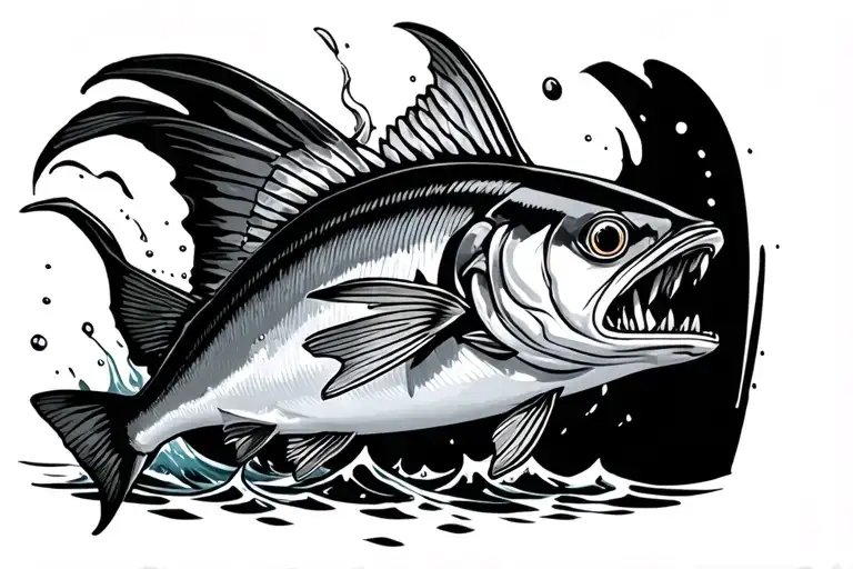 big aggressive Spanish Mackerel jumping out of water tattoo design idea
