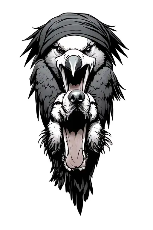 crane bird wearing a scarf and holding military dog rage in mouth tattoo design idea