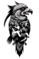 crane bird wearing a scarf and holding military dog rage in mouth tattoo design idea