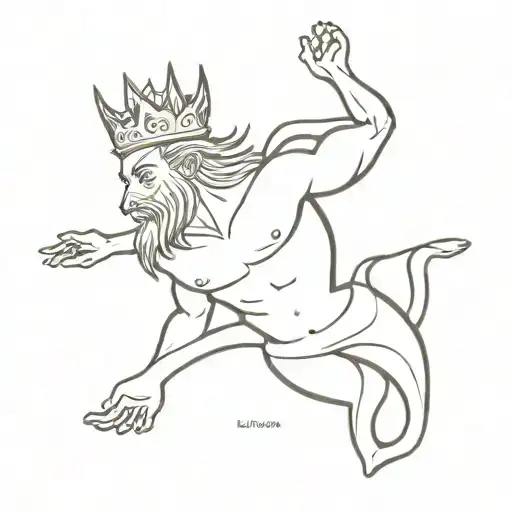 Men's tricep tattoo of a triton and crown with the name Lindalva tattoo design idea