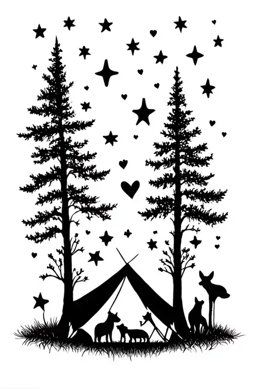 A heartfelt tattoo of a family of animals camping under the stars, symbolizing love and togetherness tattoo design idea