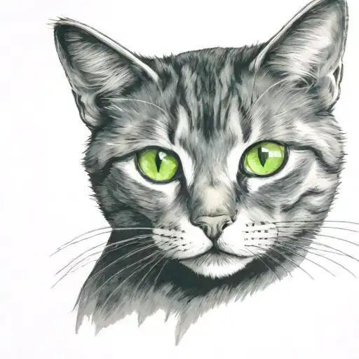 dark gray cat, with green eyes sitting facing forward, with a waning moon above its head, and shading  tattoo design idea