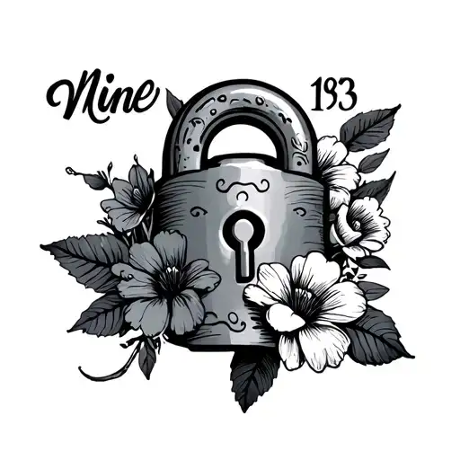 "Mine 193" Lock with flowers surrounding tattoo design idea