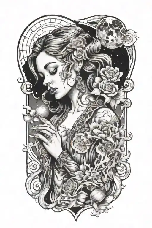 heaven opening her coat to reveal hidden galaxies tattoo design idea