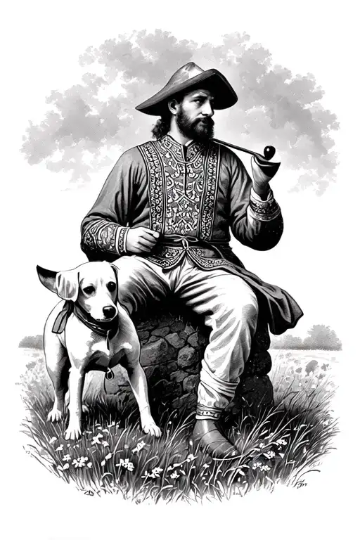 A Ukrainian Cossack in an embroidered shirt sits on a stone in a field and plays his pipe, with his faithful Jack Russel tattoo design idea