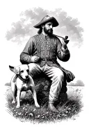 A Ukrainian Cossack in an embroidered shirt sits on a stone in a field and plays his pipe, with his faithful Jack Russel tattoo design idea