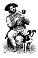 A Ukrainian Cossack in an embroidered shirt sits on a stone in a field and plays his pipe, with his faithful Jack Russel tattoo design idea
