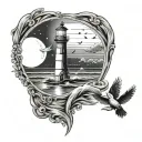 waves lighthouse birds flying away moon mirror reflection tattoo design idea