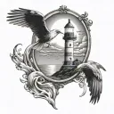 waves lighthouse birds flying away moon mirror reflection tattoo design idea